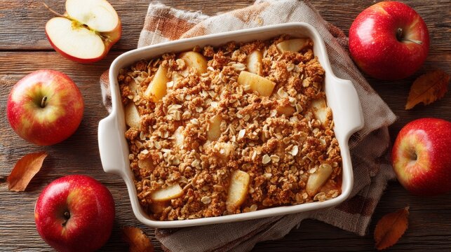 Homemade apple crumble dessert with oat topping in rustic ceramic baking dish. Apple crisp in a rustic baking dish, oat topping, concept of homemade autumn dessert comfort food