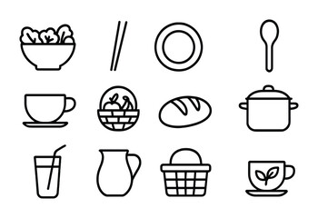 Mindful Eating Icons. Outline icon set of mindful eating: salad bowl, chopsticks, ceramic plate, wooden spoon,