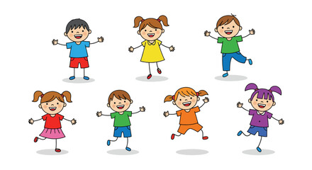 Diverse Group of Happy Cartoon Children Playing.