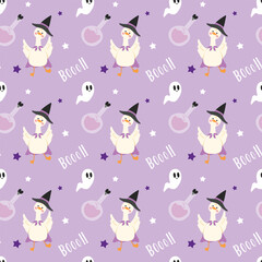 Halloween seamless pattern concepts Silly goose witch and cute ghost. Spooky night boo for background, fabric, calligraphy or printed product illustration flat vector.