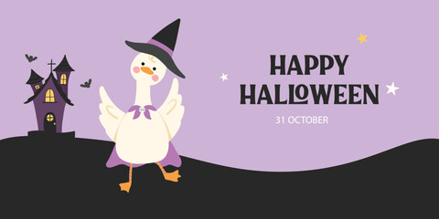 Happy halloween greeting card or background. Silly goose witch, haunted house and black bat concept Spooky night invitation party illustration flat vector.