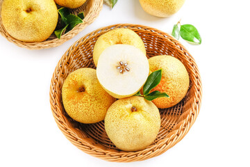 Fresh Dangshan Snow Pears from Anhui China in Wicker Baskets on White Background