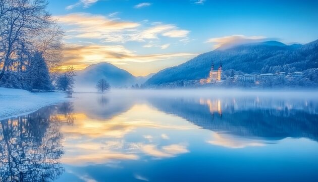 Stunning winter landscape with serene alpine lake reflecting mountains and colorful sunrise sky