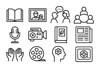 Migration Story Icons. Outline icon set of Storytelling migration: book, family photo, oral history icon,