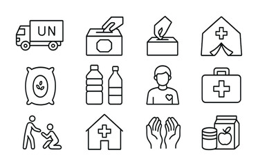 Humanitarian Aid Icons. Outline icon set of Humanitarian aid migration: UN truck, red cross, donation box,