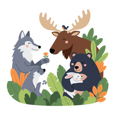 Fototapeta premium Forest friends sharing kindness and love in a whimsical woodland scene