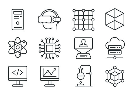 Quantum Simulator Icons. Outline icon set of Quantum simulators: computer tower, VR headset, simulation grid,