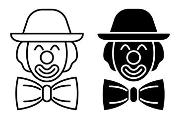 Line icon. Good natured clown with funny makeup on face, round nose and an absurdly large bow tie. Simple black and white vector isolated on white background