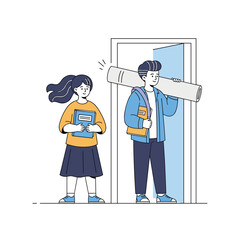 Young students carrying books and a large poster entering through a doorway together