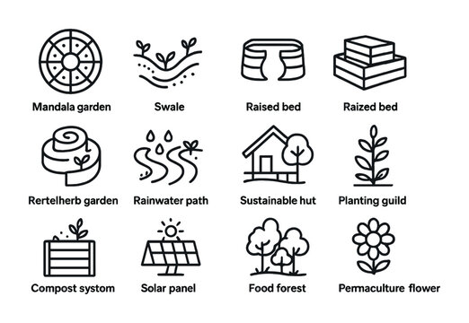 Permaculture Icons Grid. Outline icon set of Permaculture design: mandala garden, swale icon, keyhole bed,