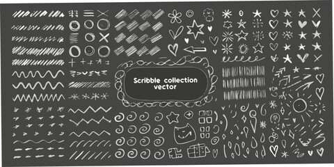 Collection of hand drawn white scribbles and doodles on a dark background
