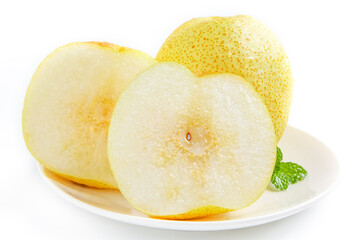 Fresh Dangshan Pears from Anhui China Sliced on White Plate Studio Photography