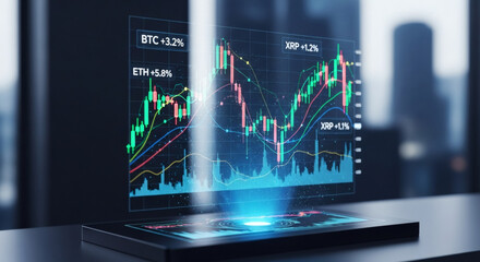 A futuristic holographic stock chart with glowing elements and light trails, perfect for crypto and technology-related presentations
