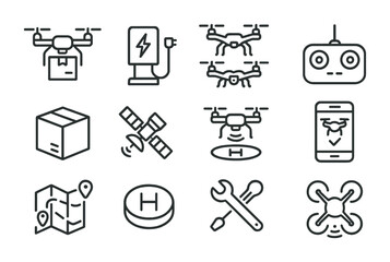 Drone Economy Icons. Outline icon set of Drone Economy: delivery drone, charging station, drone fleet, remote