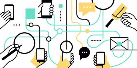 Abstract illustration of hands holding smartphones and interacting with digital communication elements and network lines