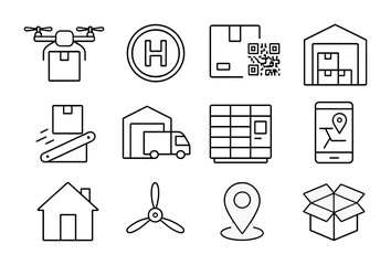 Drone Delivery Icons. Outline icon set of Drone Delivery: parcel drone, landing pad, QR code box, warehouse