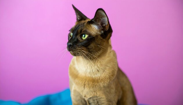 A cat in profile view against a pink background