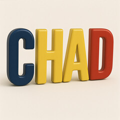 Chad 3D Text Typography with National Flag Colors on White Background