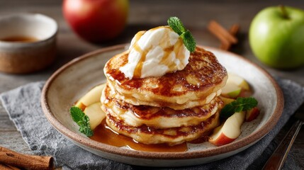 Stack of fluffy pancakes with whipped cream and syrup on rustic plate. Apple Pancakes for Cozy Breakfasts, concept of homemade breakfast