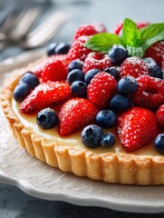 ​​Lemon Mixed Berry Tart on Buttery Crust with Glazed Strawberries, White Ceramic Plate, Mint Garnish, Daylight, Healthy Dessert, Cafe Menu, Bakery Display, Food Styling​​

