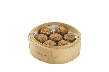 Chinese Dumplings in Bamboo Steamer Basket on White Background