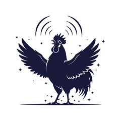 Fototapeta premium Silhouette of a crowing rooster with outstretched wings radiating sound waves and scattered stars symbolizing a new dawn or powerful announcement