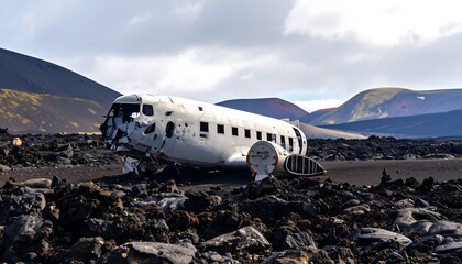 Abandoned airplane on volcanic landscape