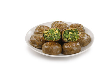 Buckwheat Buns with Green Herb Filling on White Plate - Healthy Asian Cuisine Food Photography