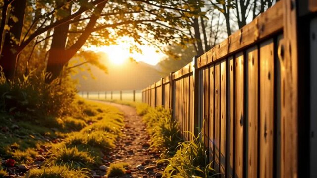 Wooden fence and grassy path bathed in sunlight with trees, outdoor nature landscape, peaceful rural morning scene, warm tranquil atmosphere