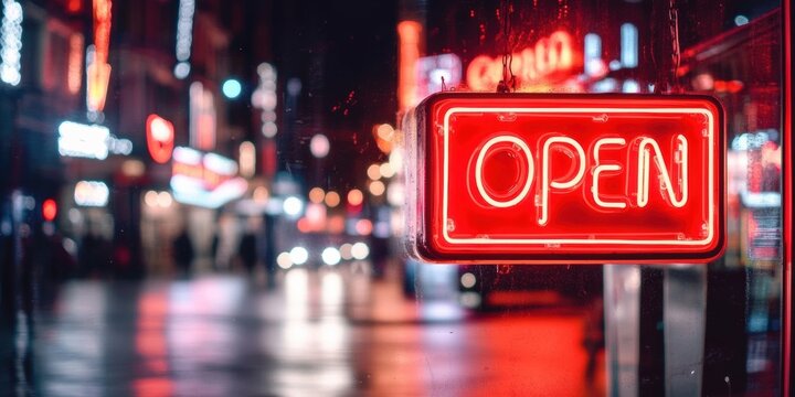 Close-up neon sign that reads "Open" bold bright A blurred night street