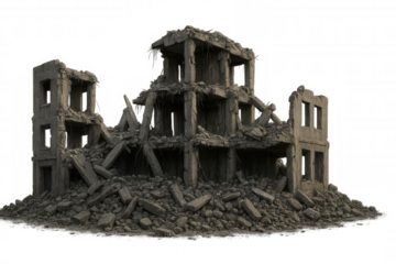 Decaying concrete structure isolating architectural remnants of destruction, symbolizing urban devastation against clean transparent backdrop