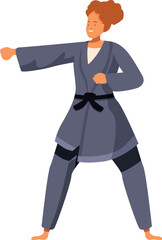 Woman practicing martial arts wearing a black belt is performing a karate punch