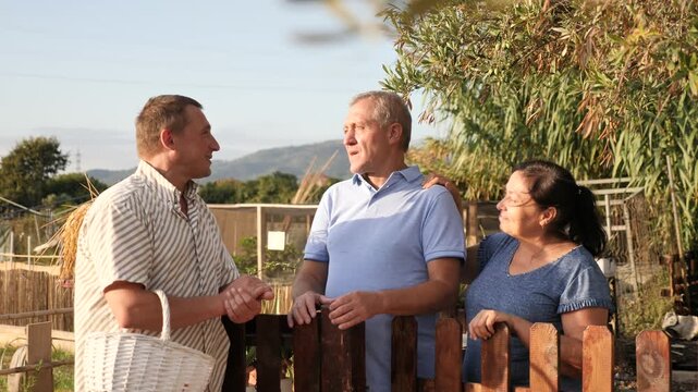 Couple of smiling elderly amateur gardeners discussing interesting topics with their male neighbor while standing near wooden fence in garden on summer day