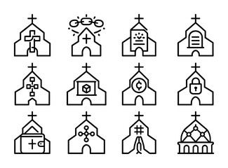 Fototapeta premium Blockchain Church Icons. Outline icon set of Blockchain churches: crypto cross, chain halo, glowing smart