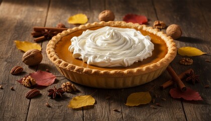 Fototapeta premium Delicious Pumpkin Pie with Whipped Cream Swirl Surrounded by Autumn Leaves and Nuts on Rustic Wooden Table, Perfect for Seasonal Celebrations