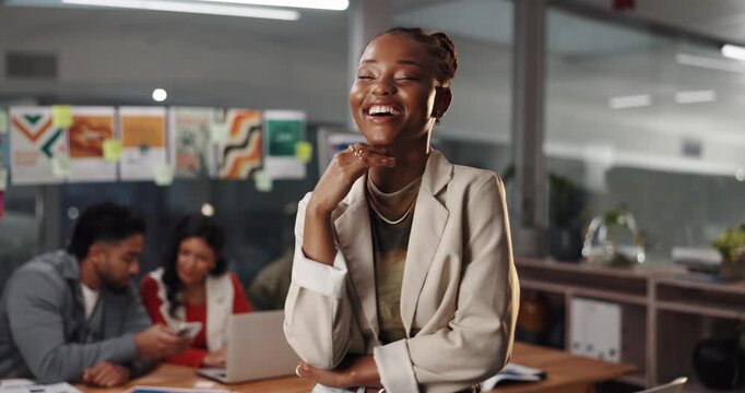Office, creative agency and face of business woman with confidence, pride and smile for about us. Happy, startup and portrait of person for designer career, brand consultant and opportunity with team