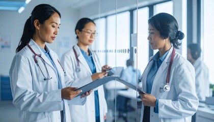 Fototapeta premium Doctor reviewing medical records in a hospital office with a glass partition