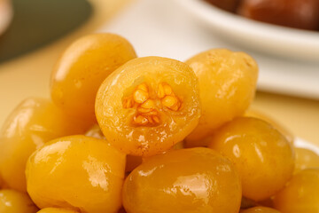 Colorful Pickled Yellow Peppers in Shallow Bowl Close-up Food Photography