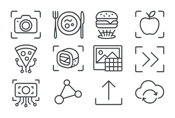 Food Image Recognition Icons. Outline icon set of Food image recognition: AI camera, food plate icon,