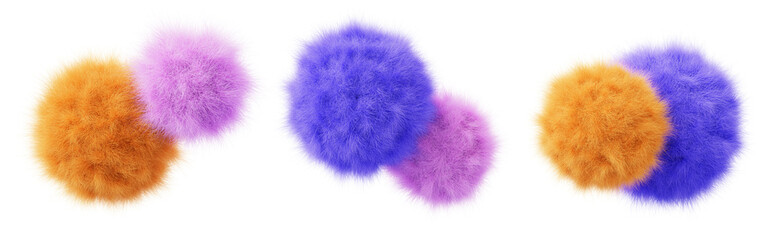 3d color fur fluffy balls. Abstract furry geometric spheres. Cute soft plush circle shapes with hairy texture. Pink blue yellow fuzzy wool orb or pom pom, isolated render icon set