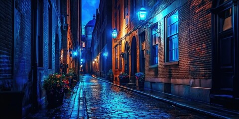 Fototapeta premium Narrow street old town night is cobblestone lined In a mysterious, dimly