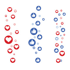 Flying like icons. Thumb up icon vector with heart. Like and Heart social media emoji icon set. Abstract background with bubbles. Vector illustration.