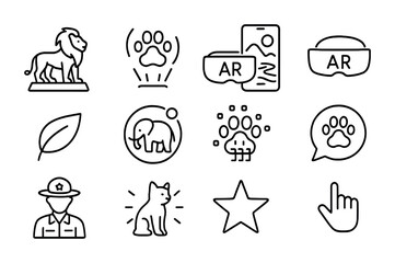 AR Animal Icon Set. Outline icon set of AR animal encounters: holographic lion, glowing paw, AR headset,