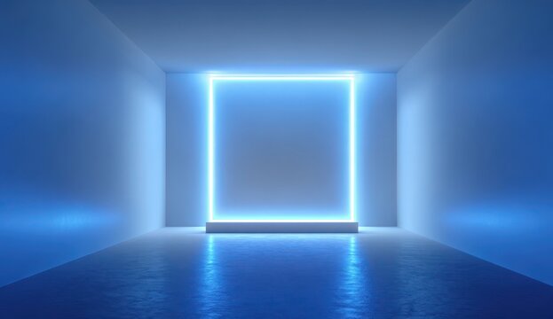3d render of a blue, glowing neon square frame in the middle of an empty room, 2d illustration style, simple design, minimalistic.