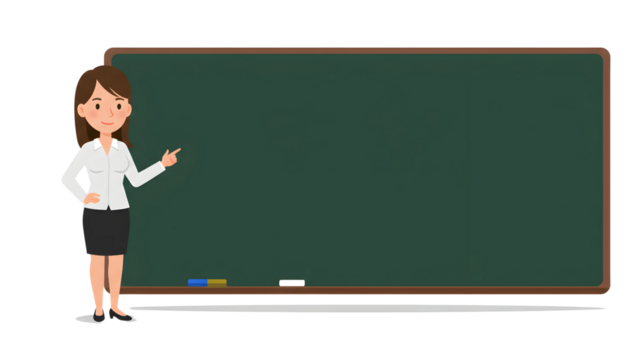 Female teacher character in formal attire standing beside green chalkboard, isolated vector illustration on white background for education and classroom concepts