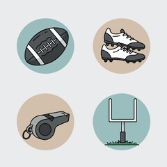 Game time! Four icons. Ball, cleats, whistle, goalpost on circles