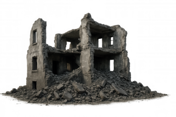 Concrete structure crumbling, revealing extensive urban decay, surrounded by scattered debris on transparent background