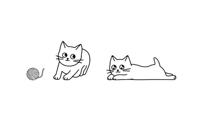 Playful kittens exploring a ball of yarn in a simple line art style
