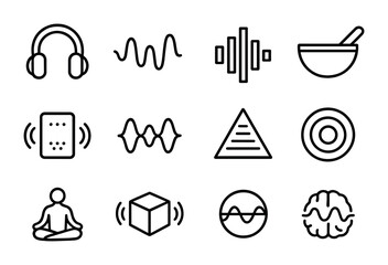 Quantum Soundscape Icons. Outline icon set of Quantum soundscapes: headphone icon, sound waves, music spectrum