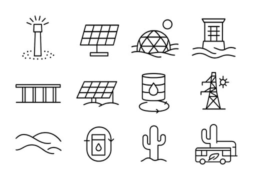 Desert Solar City Icons. Outline icon set of Desert solar cities: solar tower, photovoltaic panel, desert dome